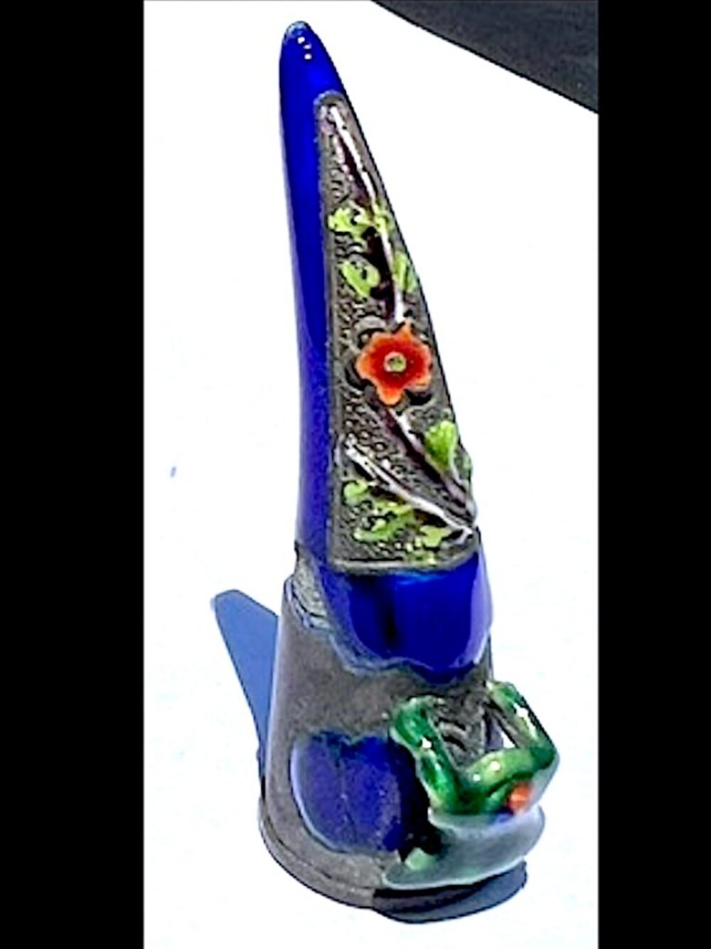 Vintage Silver Tone Chinese Mandarin Enamel Fingernail Guard with Frog